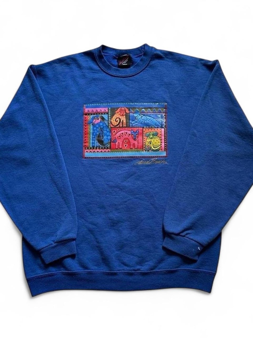 Vintage 1990s Laurel Burch Blue Graphic Crewneck Sweatshirt - Medium